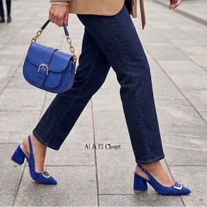 Nicole Miller New York Melrose Blue Faux Suede Slingback Block Heel Pumps 7.5